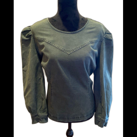 Universal Thread Blouse Top Size XL Hunter Green Denim Fitted Puffy Sleeves - Picture 1 of 11